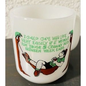 **STORAGE FIND**Vintage-Glasbake Coffee Mug-1980’s Humor-Milk Glass-USED
